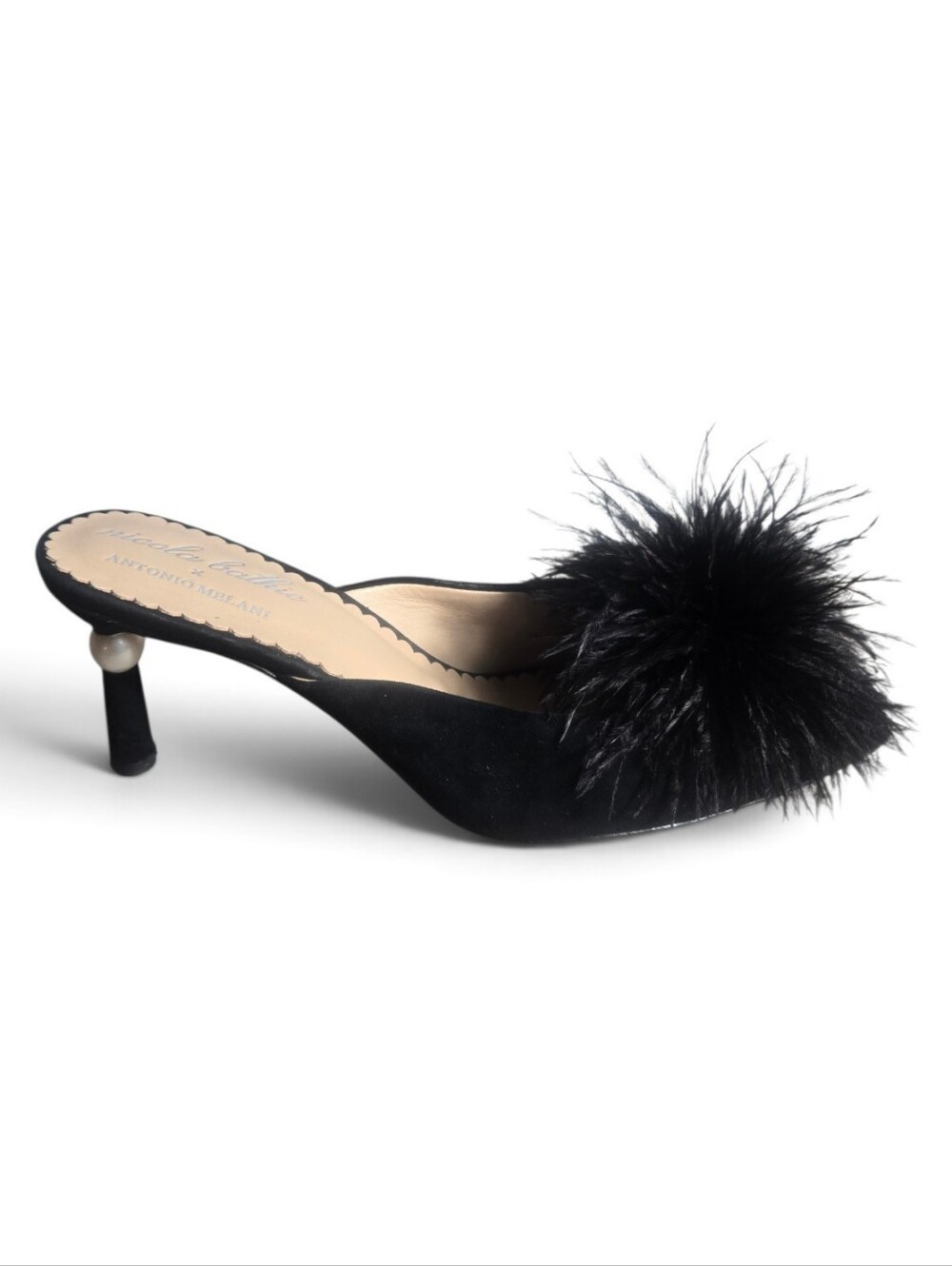Nicola Bathie X Antonio Melani Black Feather Pom Suede Slip-On Mule